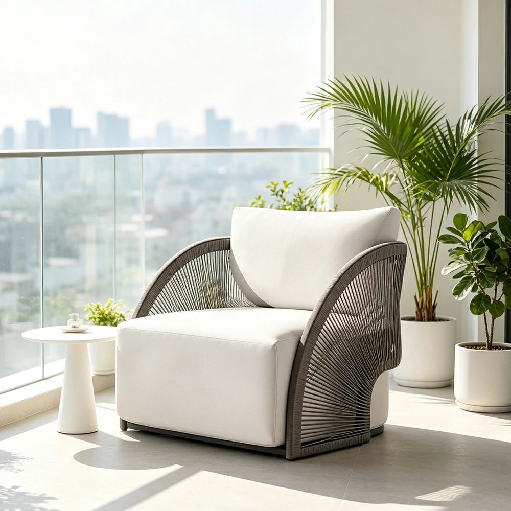 SOLARA Single Swivel Rattan Sofa Curved Backrest High-Rebound Cushion for Patio Terrace Indoor Outdoor Use