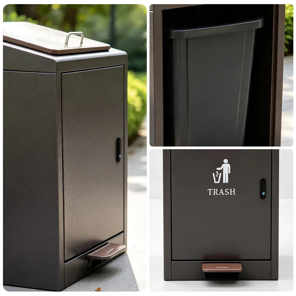 SOLARA Commercial Outdoor Pedal Bin Galvanised Steel Soft-Close Lockable Lid for Parks Streets & Public Areas - Brown