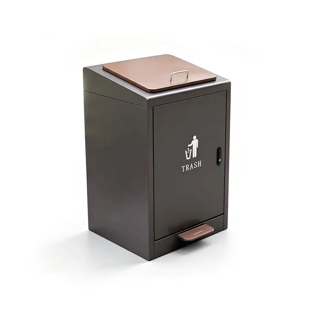 SOLARA Commercial Outdoor Pedal Bin Galvanised Steel Soft-Close Lockable Lid for Parks Streets & Public Areas - Brown