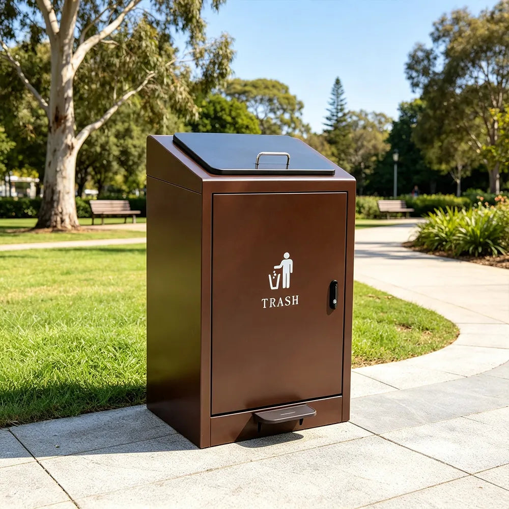 SOLARA Commercial Outdoor Pedal Bin Galvanised Steel Soft-Close Lockable Lid for Parks Streets & Public Areas - Coffee