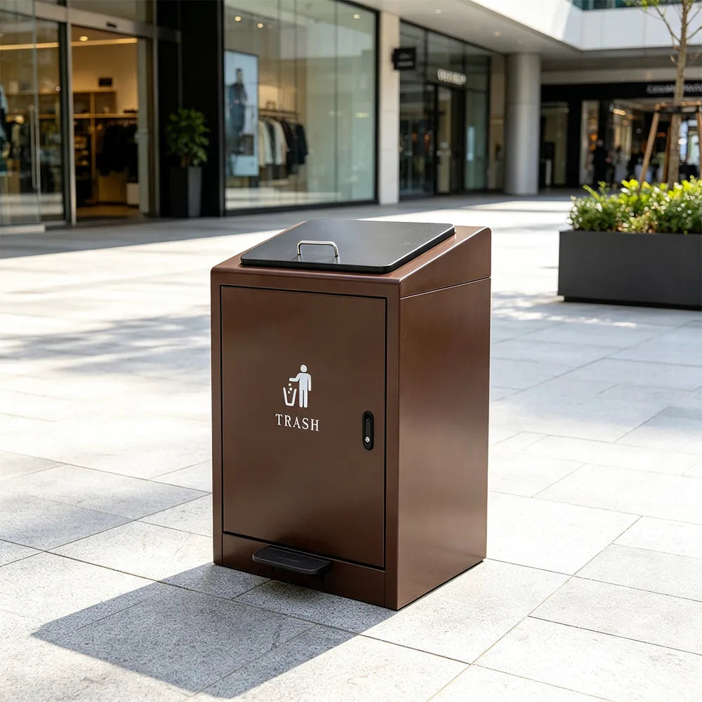 SOLARA Commercial Outdoor Pedal Bin Galvanised Steel Soft-Close Lockable Lid for Parks Streets & Public Areas - Coffee