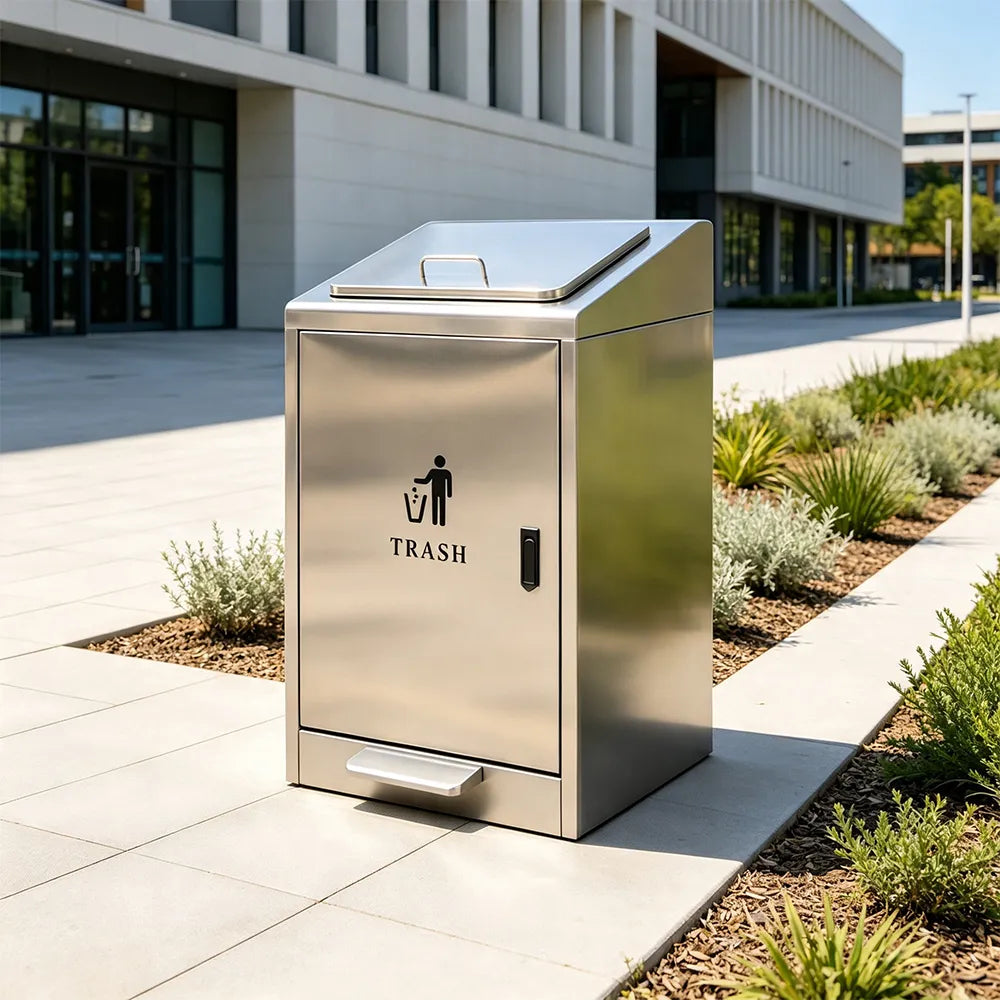 SOLARA Commercial Outdoor Pedal Bin Galvanised Steel Soft-Close Lockable Lid for Parks Streets & Public Areas - Silver