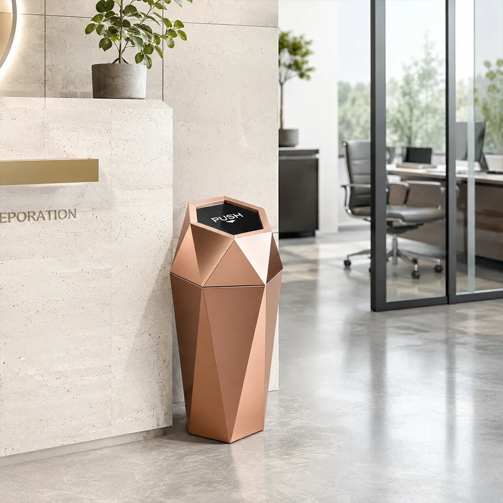 SOLARA Hexagonal Artistic Commercial Waste Bin Stainless Steel Electroplated Anti-Fingerprint Dual-Use Ashtray for Hotel Office Lobby - Pink