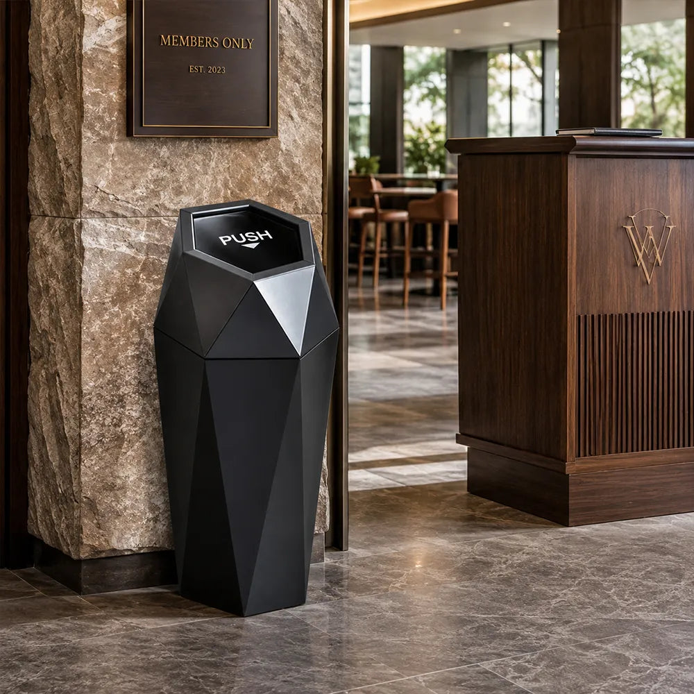 SOLARA Hexagonal Artistic Commercial Waste Bin Stainless Steel Electroplated Anti-Fingerprint Dual-Use Ashtray for Hotel Office Lobby - Black