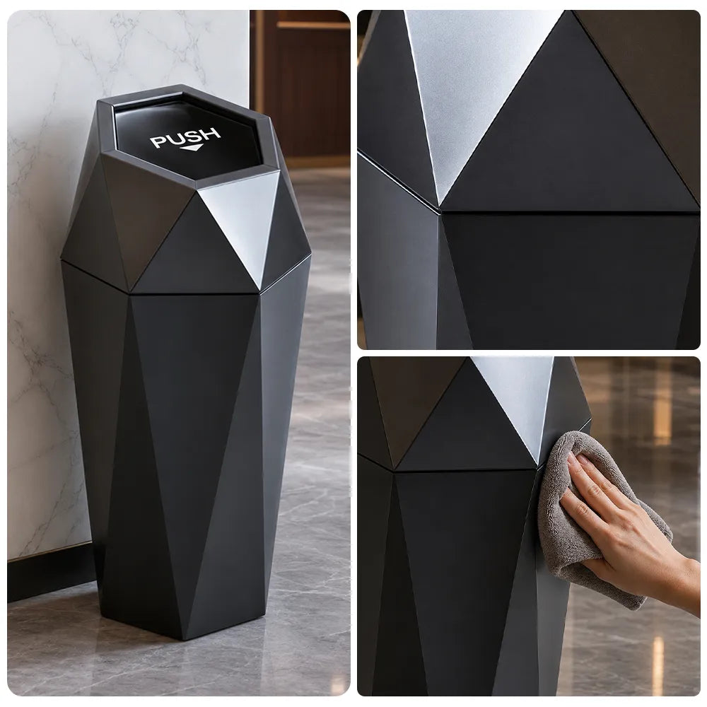 SOLARA Hexagonal Artistic Commercial Waste Bin Stainless Steel Electroplated Anti-Fingerprint Dual-Use Ashtray for Hotel Office Lobby - Black