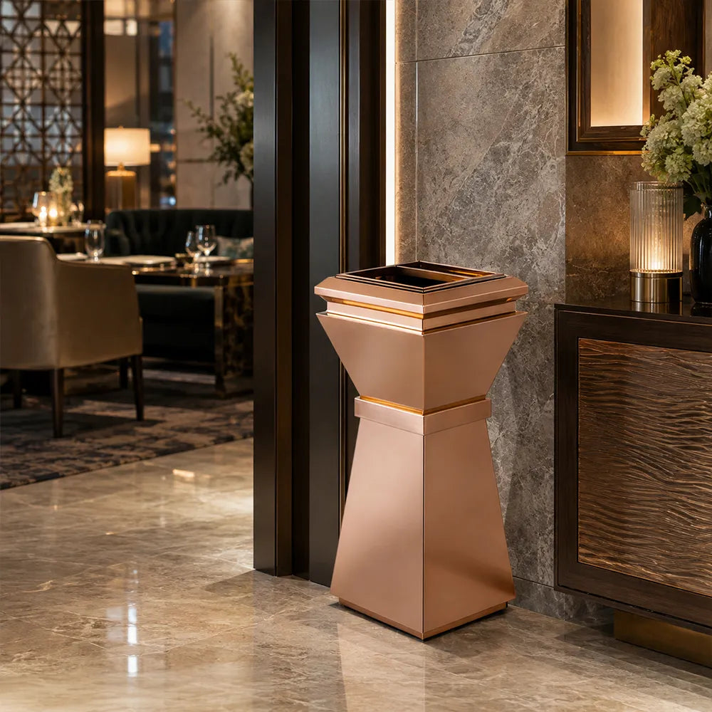 SOLARA Artistic Commercial Waste Bin Stainless Steel Electroplated Anti-Fingerprint Dual-Use Ashtray for Hotel Office Lobby - Gold