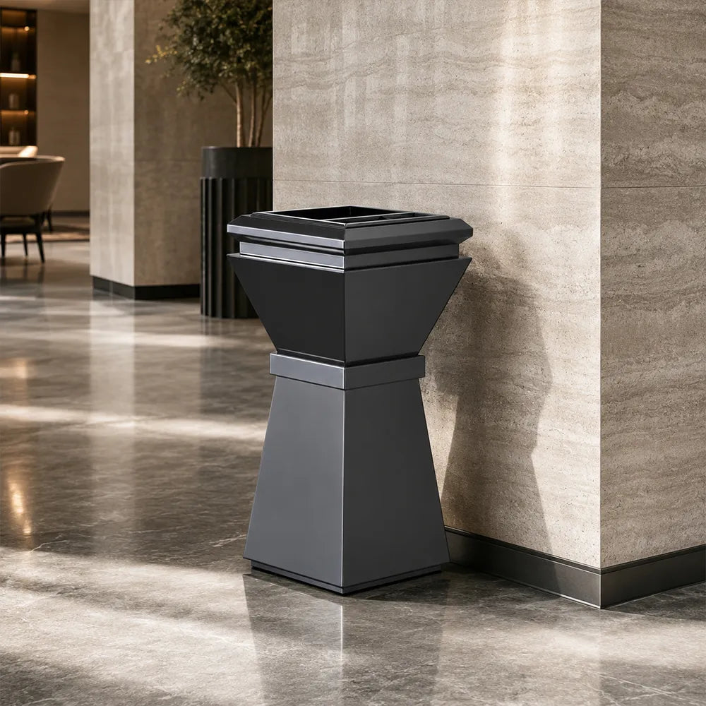SOLARA Artistic Commercial Waste Bin Stainless Steel Electroplated Anti-Fingerprint Dual-Use Ashtray for Hotel Office Lobby - Black