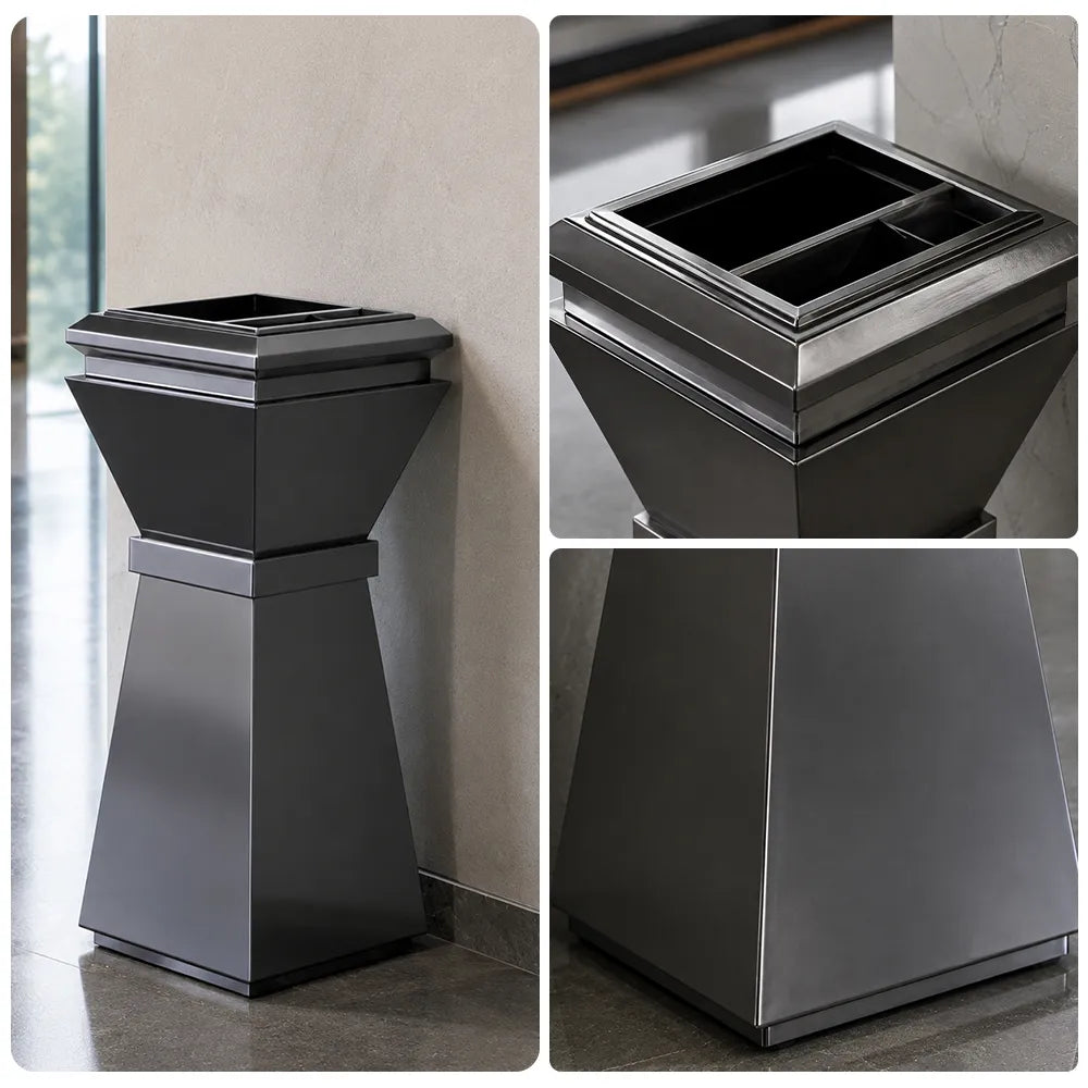 SOLARA Artistic Commercial Waste Bin Stainless Steel Electroplated Anti-Fingerprint Dual-Use Ashtray for Hotel Office Lobby - Black