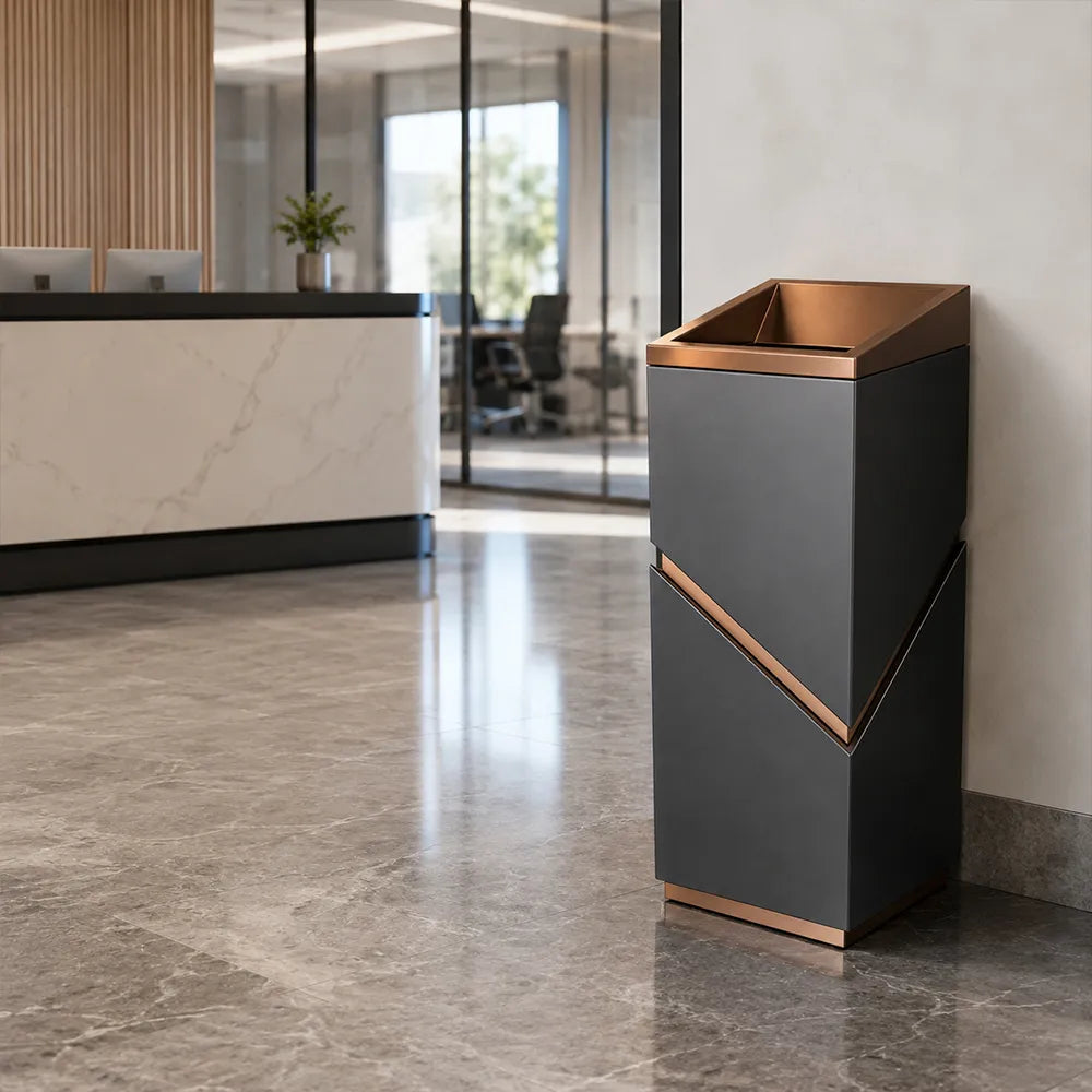 SOLARA Modern Corner Waste Bin Premium Metal Finish Space-Saving Design for Restaurant Club Reception & Commercial Spaces - Black&Gold