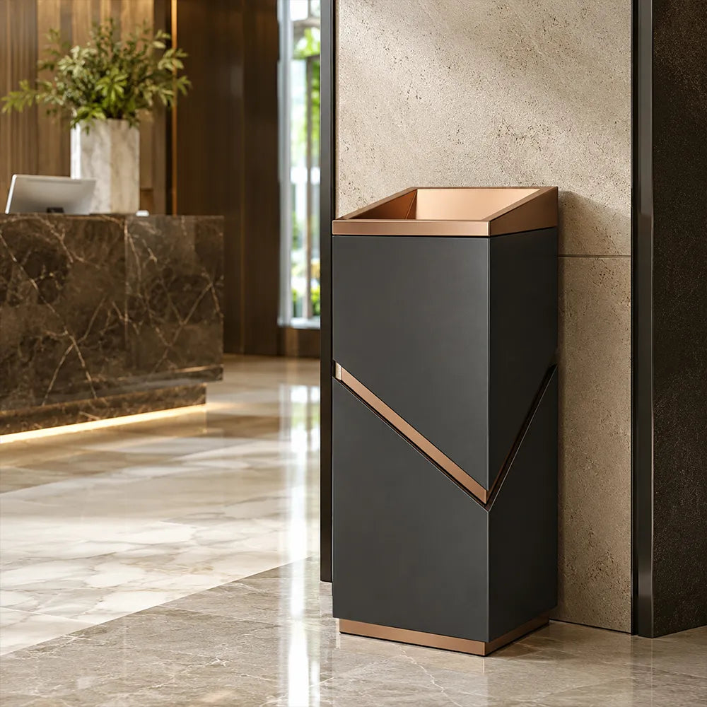 SOLARA Modern Corner Waste Bin Premium Metal Finish Space-Saving Design for Restaurant Club Reception & Commercial Spaces - Black&Gold
