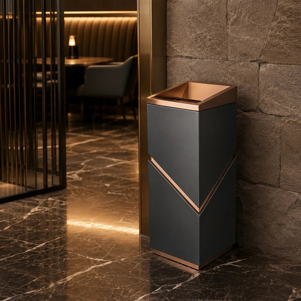SOLARA Modern Corner Waste Bin Premium Metal Finish Space-Saving Design for Restaurant Club Reception & Commercial Spaces - Black&Gold