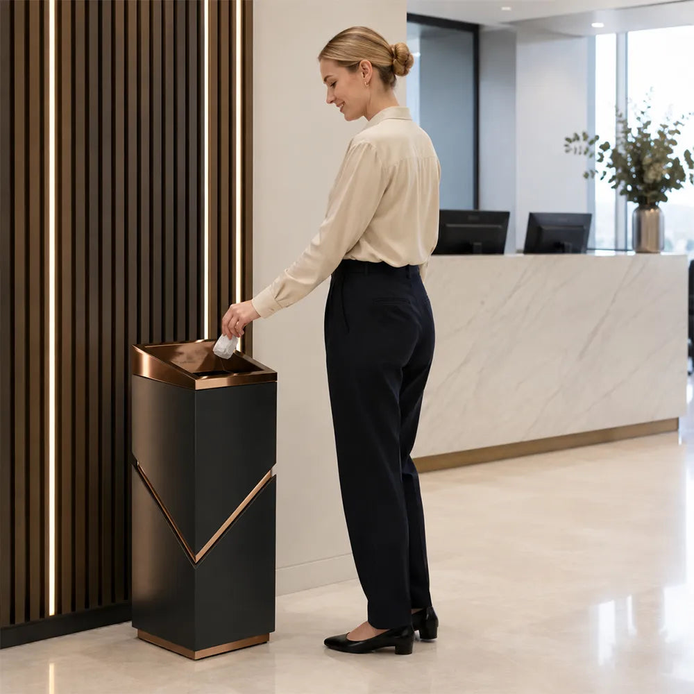 SOLARA Modern Corner Waste Bin Premium Metal Finish Space-Saving Design for Restaurant Club Reception & Commercial Spaces - Black&Gold