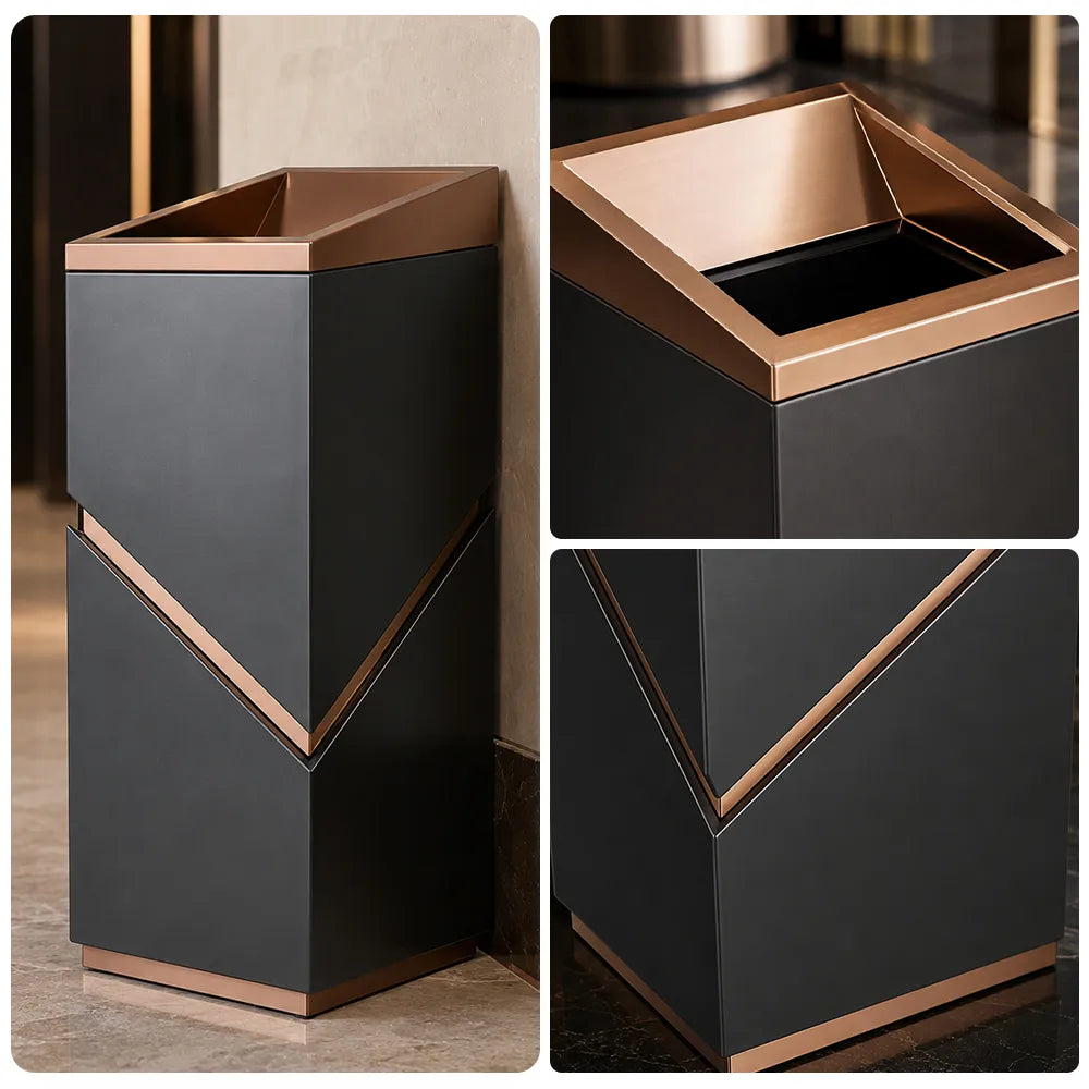 SOLARA Modern Corner Waste Bin Premium Metal Finish Space-Saving Design for Restaurant Club Reception & Commercial Spaces - Black&Gold