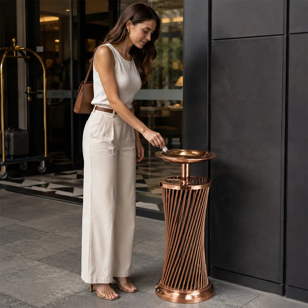 SOLARA Open-Top Artistic Commercial Waste Bin Stainless Steel Electroplated Anti-Fingerprint Dual-Use Ashtray for Hotel Office Lobby - Pink