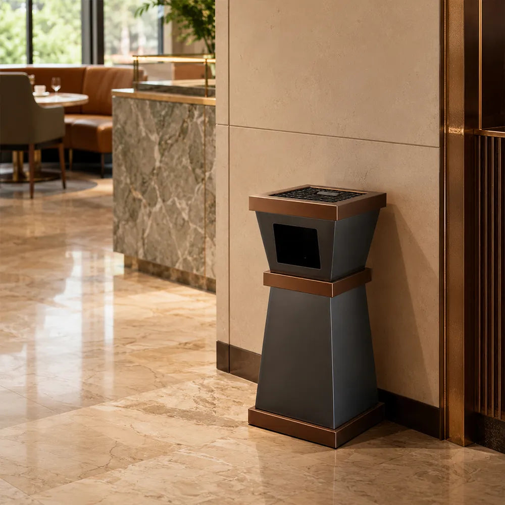 SOLARA Open-Top Artistic Commercial Waste Bin Stainless Steel Electroplated Anti-Fingerprint Dual-Use Ashtray for Hotel Office Lobby - Black