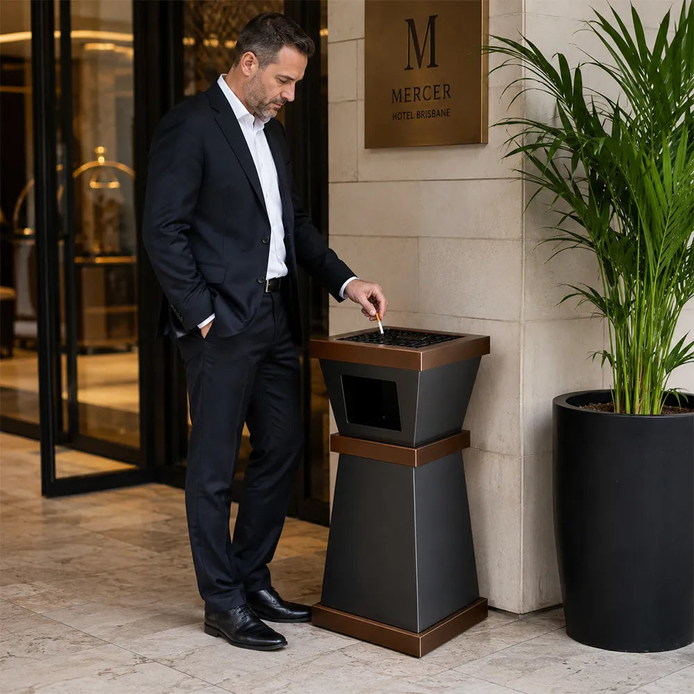 SOLARA Open-Top Artistic Commercial Waste Bin Stainless Steel Electroplated Anti-Fingerprint Dual-Use Ashtray for Hotel Office Lobby - Black