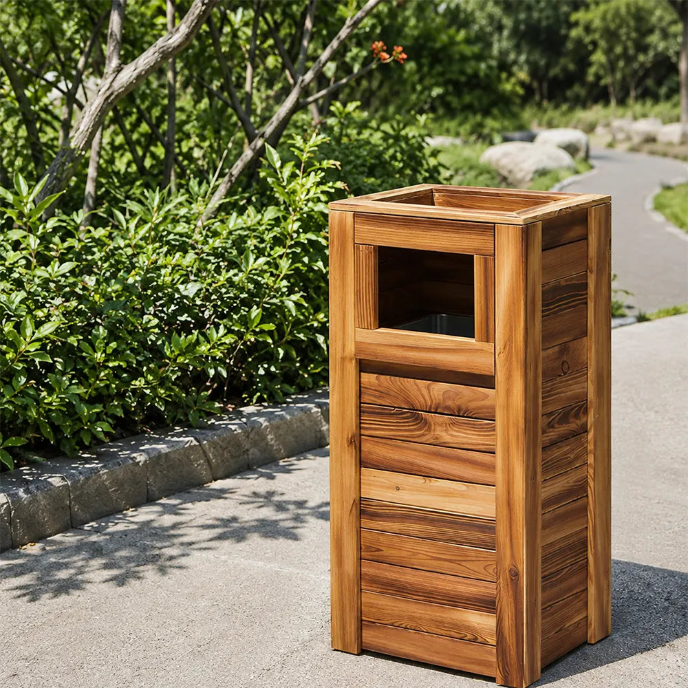 SOLARA Outdoor Solid Wood Waste Bin Anti-Corrosion Pine Removable Inner Bin Without Ashtray Lid for Garden Park & Patio - Wood