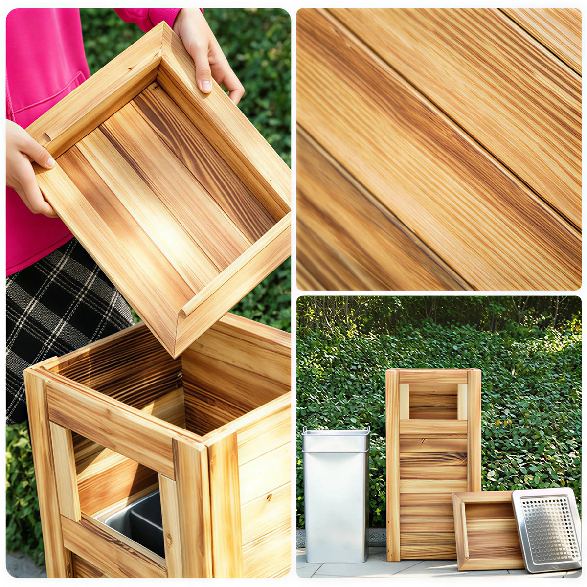 SOLARA Outdoor Solid Wood Waste Bin Anti-Corrosion Pine Removable Inner Bin Without Ashtray Lid for Garden Park & Patio - Wood