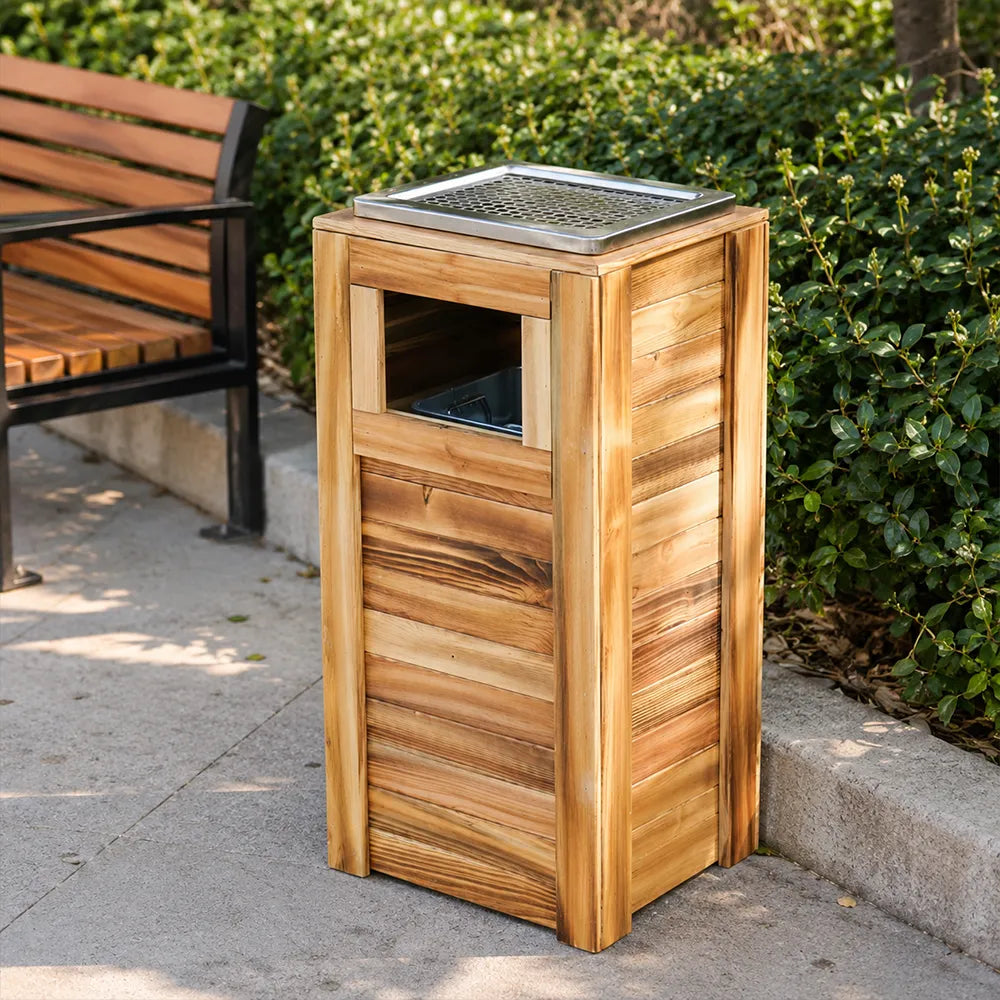 SOLARA Outdoor Solid Wood Waste Bin Anti-Corrosion Pine Removable Inner Bin with Ashtray Lid for Garden Park & Patio - Wood