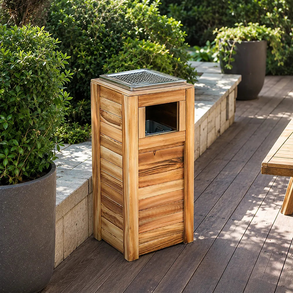 SOLARA Outdoor Solid Wood Waste Bin Anti-Corrosion Pine Removable Inner Bin with Ashtray Lid for Garden Park & Patio - Wood