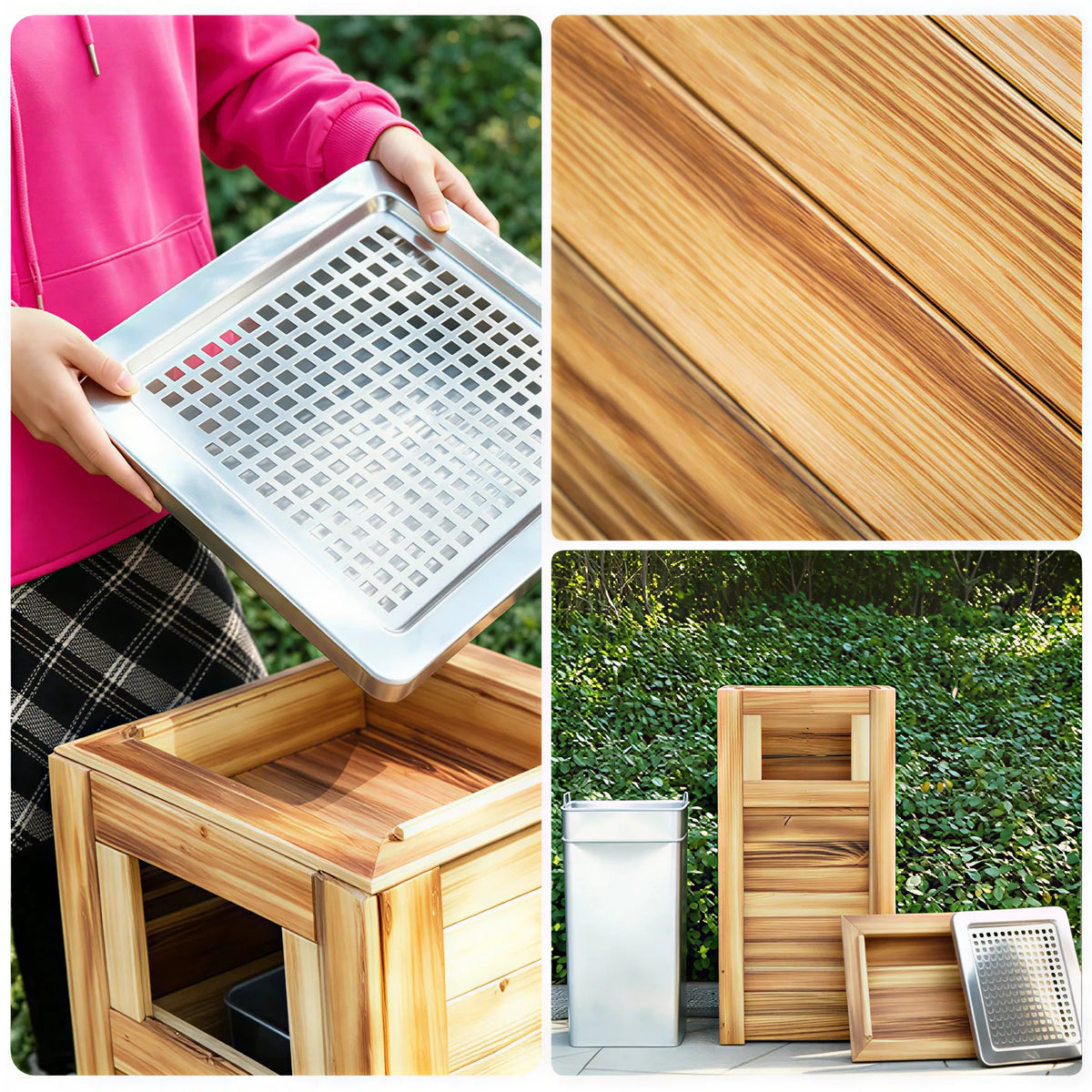 SOLARA Outdoor Solid Wood Waste Bin Anti-Corrosion Pine Removable Inner Bin with Ashtray Lid for Garden Park & Patio - Wood