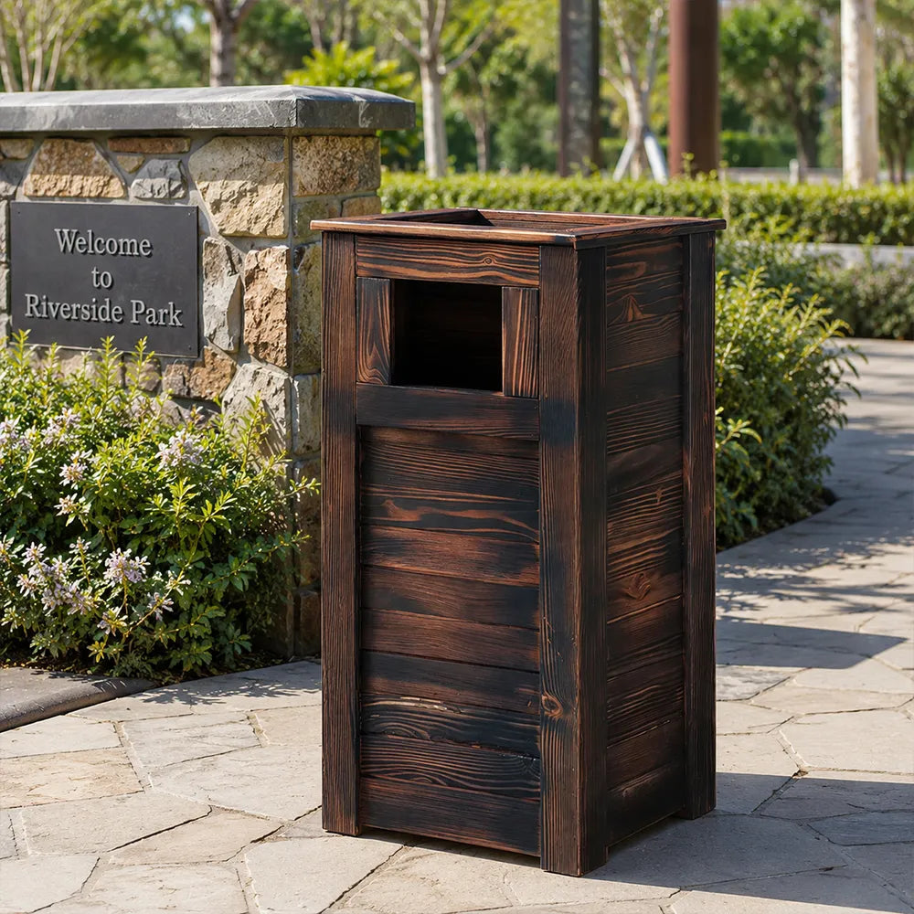 SOLARA Outdoor Solid Wood Waste Bin Anti-Corrosion Pine Removable Inner Bin Without Ashtray Lid for Garden Park & Patio - Brown