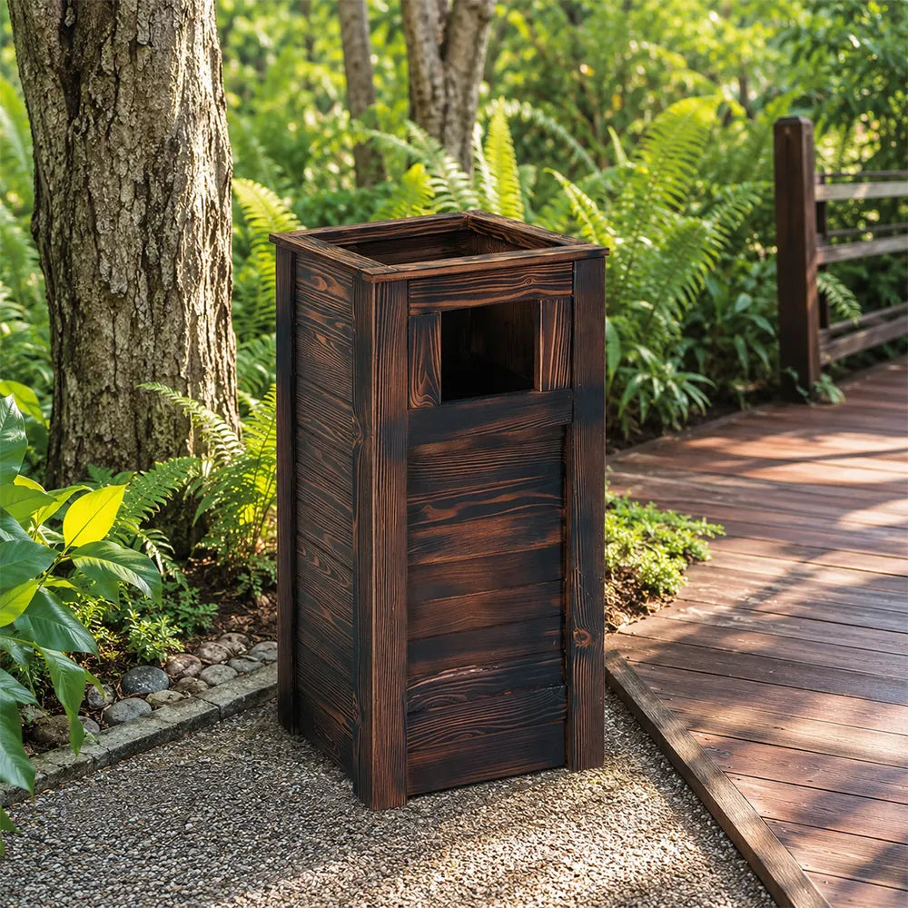 SOLARA Outdoor Solid Wood Waste Bin Anti-Corrosion Pine Removable Inner Bin Without Ashtray Lid for Garden Park & Patio - Brown