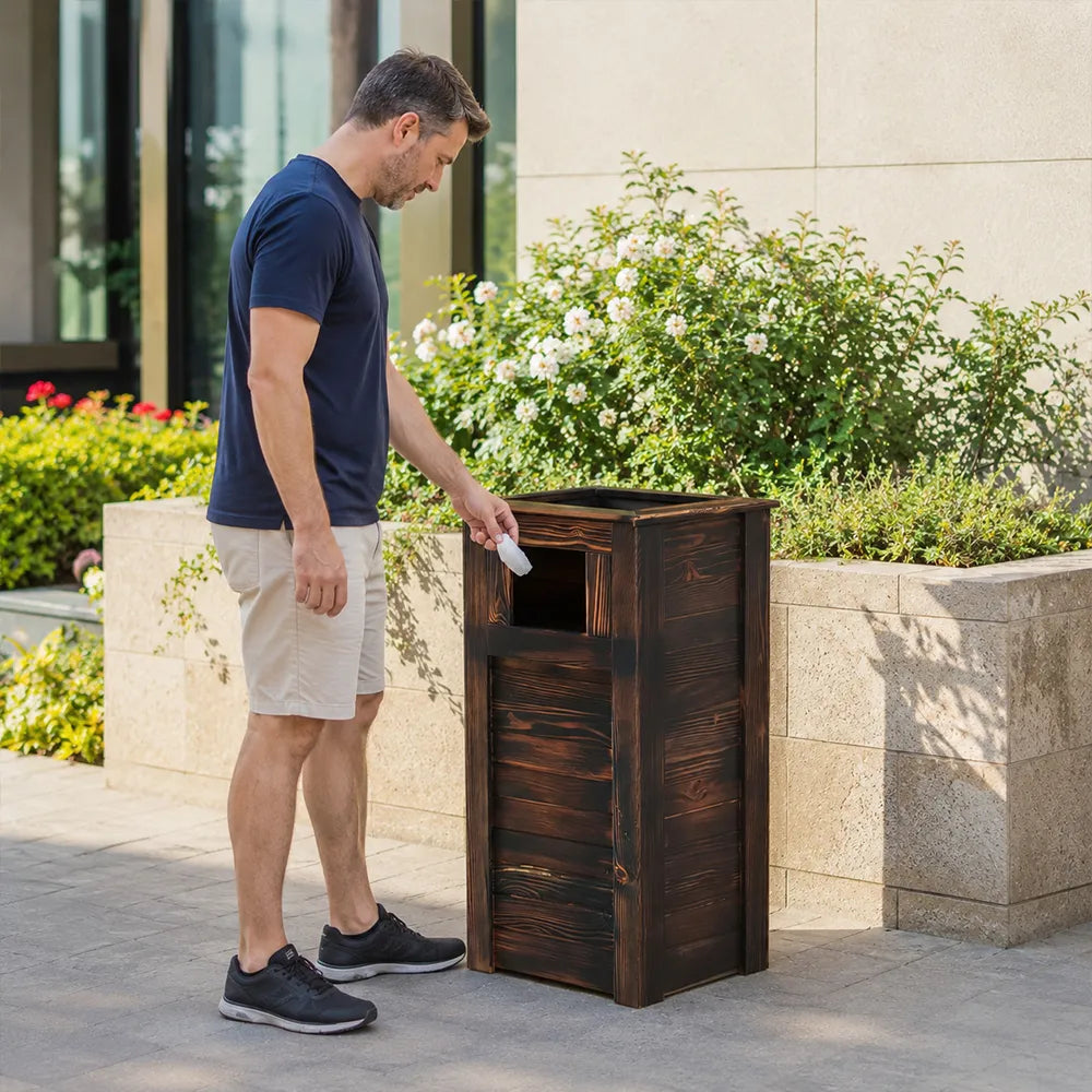 SOLARA Outdoor Solid Wood Waste Bin Anti-Corrosion Pine Removable Inner Bin Without Ashtray Lid for Garden Park & Patio - Brown