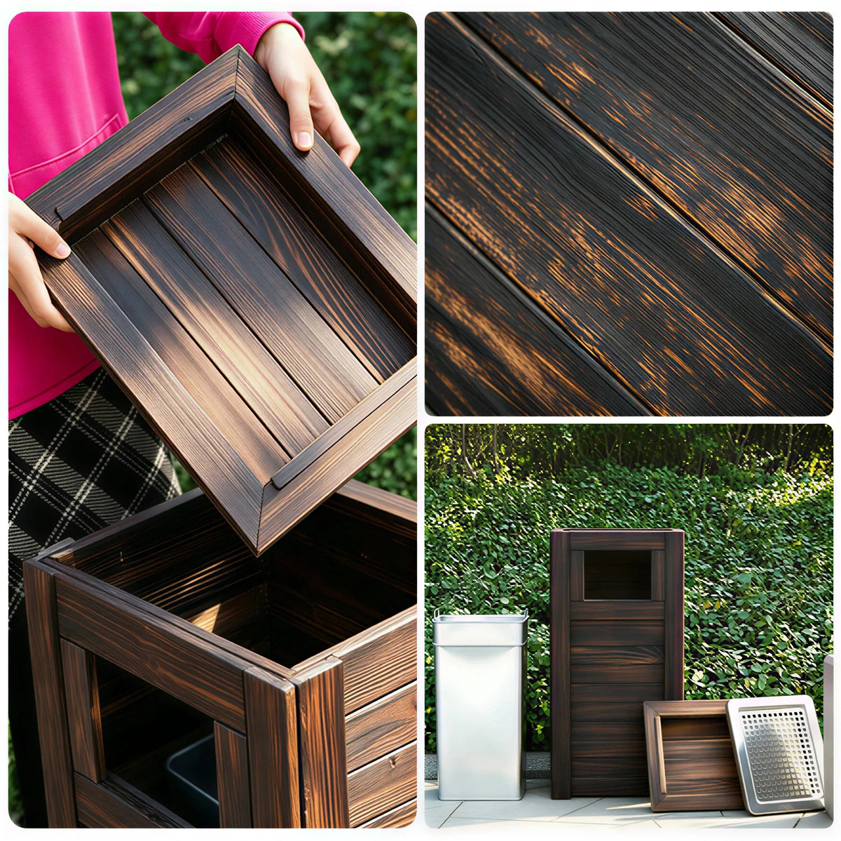 SOLARA Outdoor Solid Wood Waste Bin Anti-Corrosion Pine Removable Inner Bin Without Ashtray Lid for Garden Park & Patio - Brown