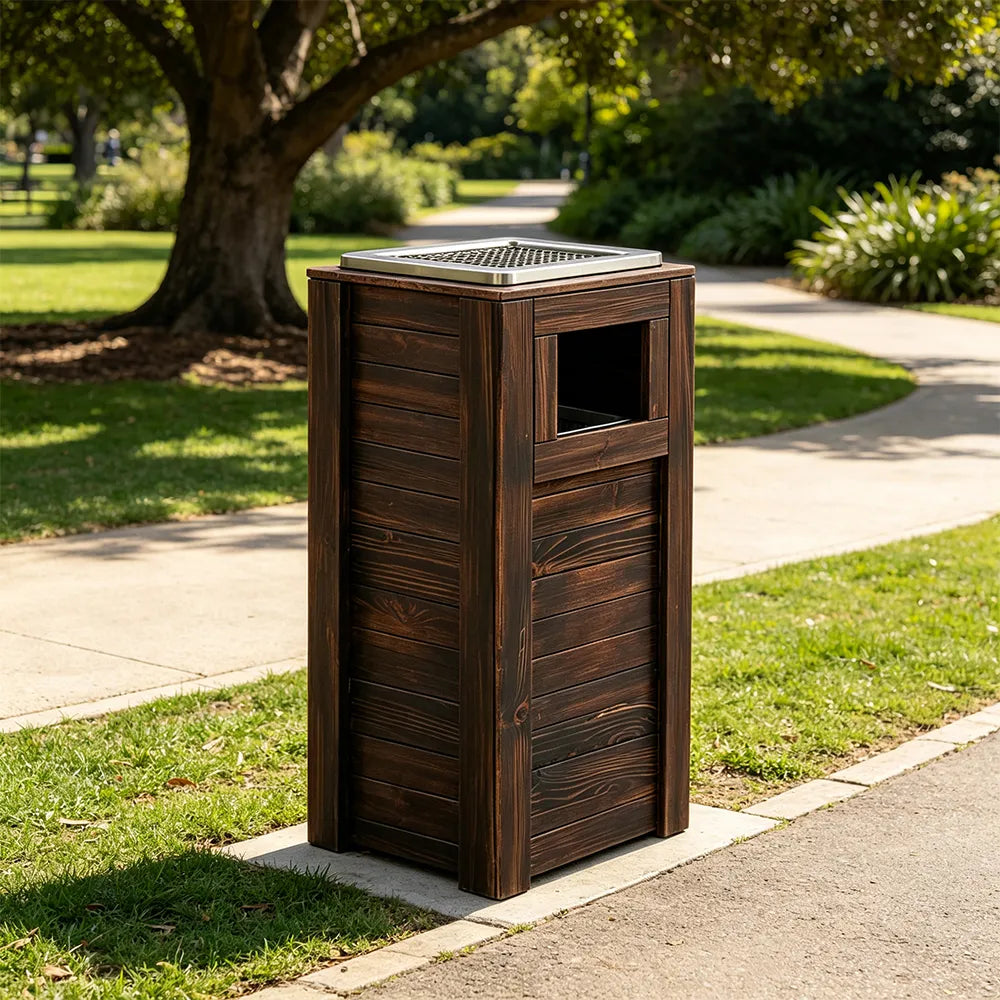 SOLARA Outdoor Solid Wood Waste Bin Anti-Corrosion Pine Removable Inner Bin with Ashtray Lid for Garden Park & Patio - Brown