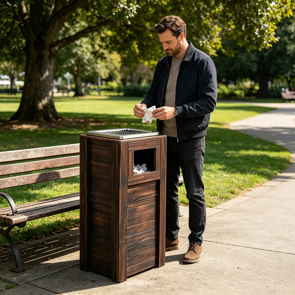SOLARA Outdoor Solid Wood Waste Bin Anti-Corrosion Pine Removable Inner Bin with Ashtray Lid for Garden Park & Patio - Brown