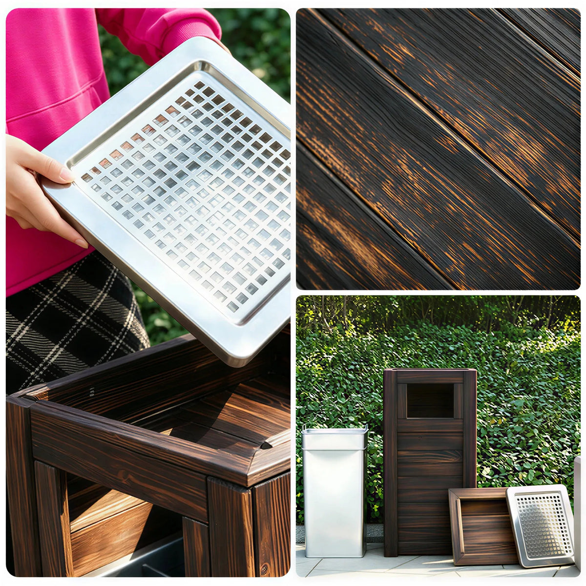 SOLARA Outdoor Solid Wood Waste Bin Anti-Corrosion Pine Removable Inner Bin with Ashtray Lid for Garden Park & Patio - Brown