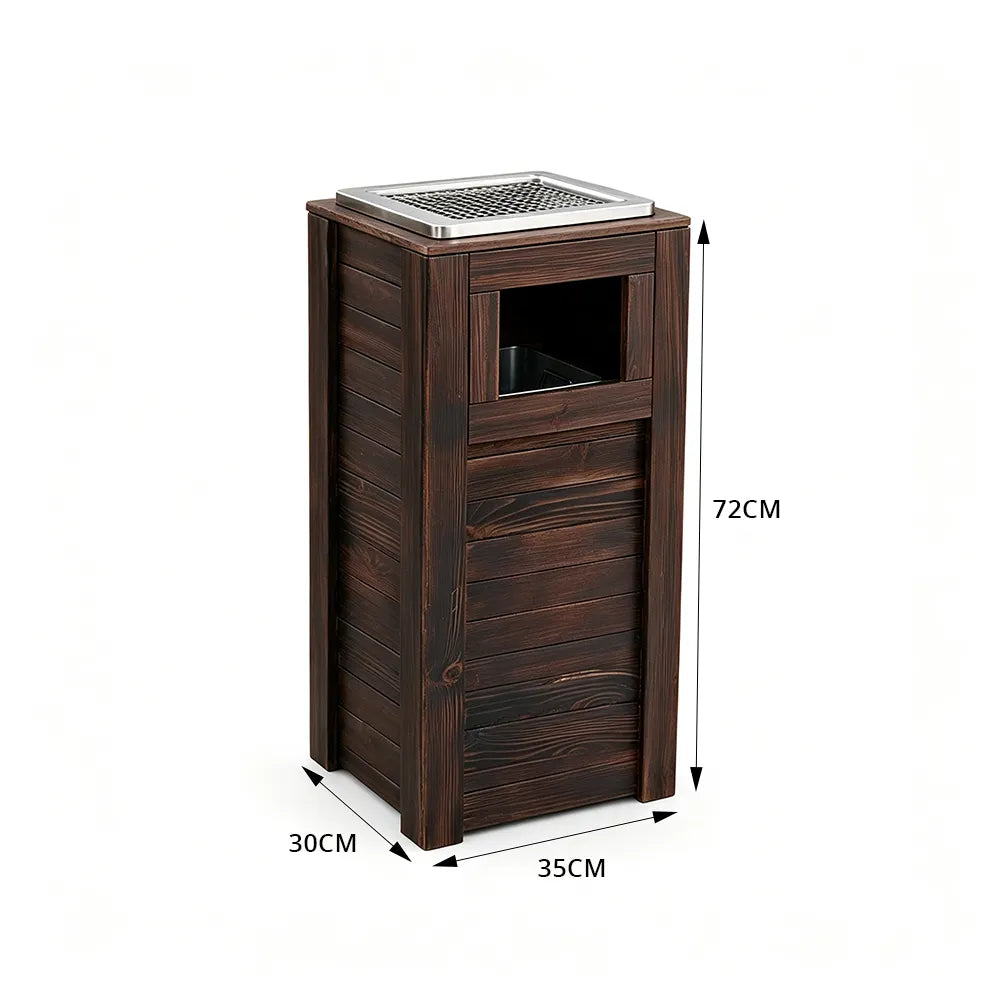 SOLARA Outdoor Solid Wood Waste Bin Anti-Corrosion Pine Removable Inner Bin with Ashtray Lid for Garden Park & Patio - Brown