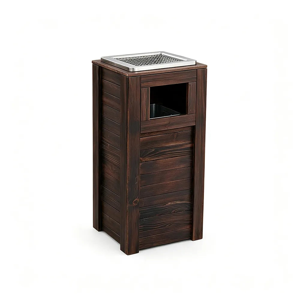 SOLARA Outdoor Solid Wood Waste Bin Anti-Corrosion Pine Removable Inner Bin with Ashtray Lid for Garden Park & Patio - Brown