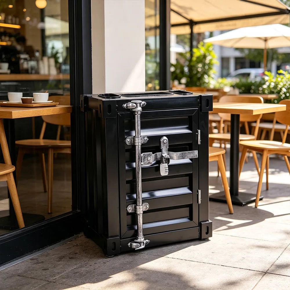 SOLARA Container-Style Waste Bin Iron Construction Detachable Ashtray Removable Inner Bin for Cafe Bar Restaurant & Studio - Black