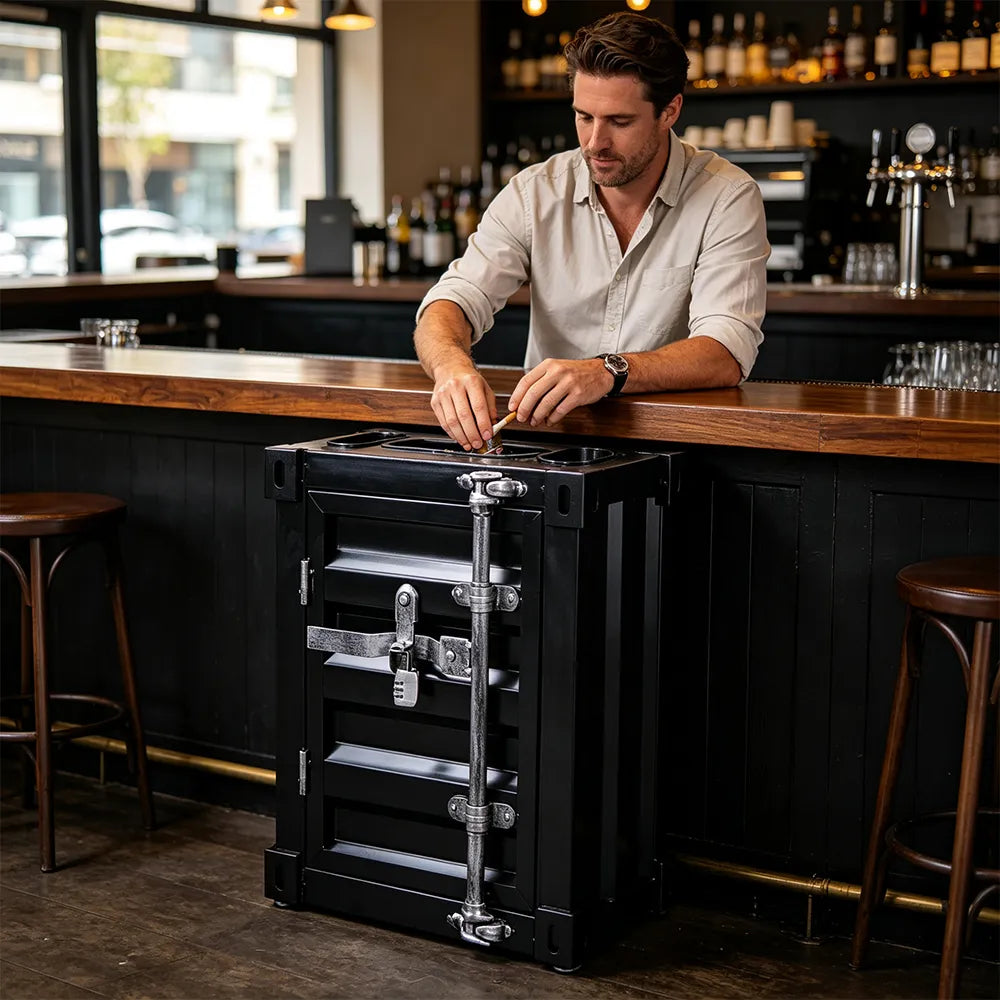 SOLARA Container-Style Waste Bin Iron Construction Detachable Ashtray Removable Inner Bin for Cafe Bar Restaurant & Studio - Black
