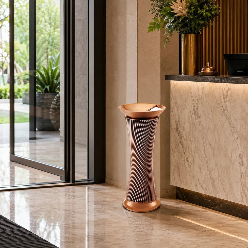 SOLARA Artistic Stainless Steel Waste Bin Mirror Polished Double Bin Removable Ashtray for Hotel Lobby Office & Commercial Spaces - Pink