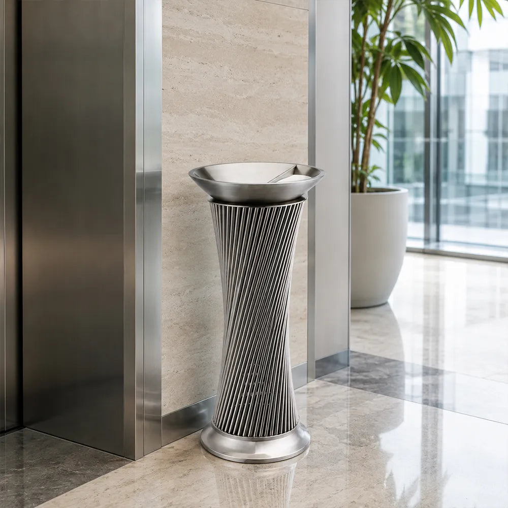 SOLARA Artistic Stainless Steel Waste Bin Mirror Polished Double Bin Removable Ashtray for Hotel Lobby Office & Commercial Spaces - White