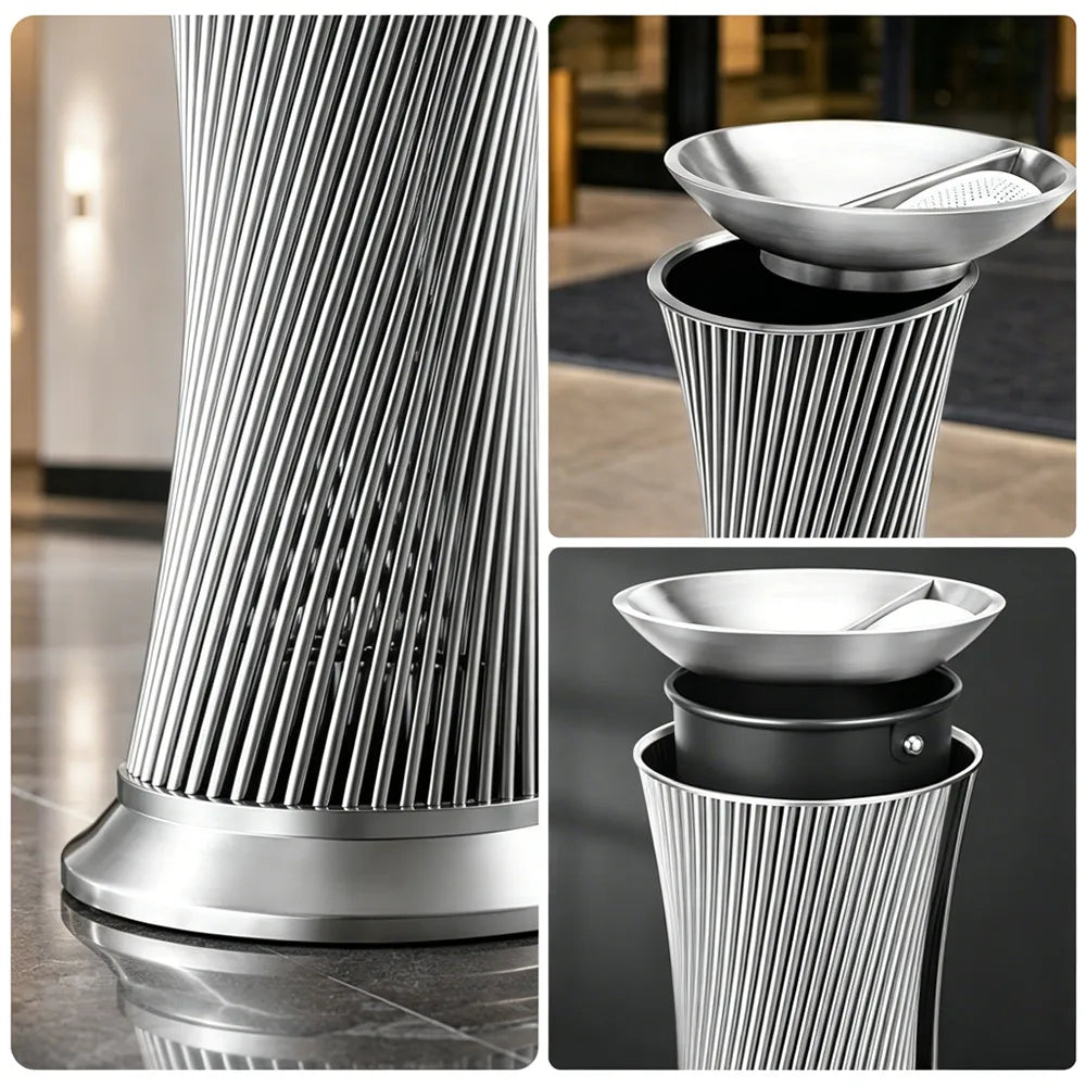 SOLARA Artistic Stainless Steel Waste Bin Mirror Polished Double Bin Removable Ashtray for Hotel Lobby Office & Commercial Spaces - White