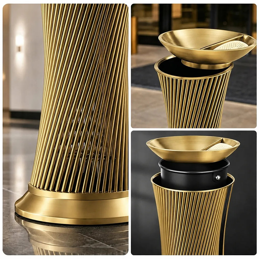 SOLARA Artistic Stainless Steel Waste Bin Mirror Polished Double Bin Removable Ashtray for Hotel Lobby Office & Commercial Spaces - Gold