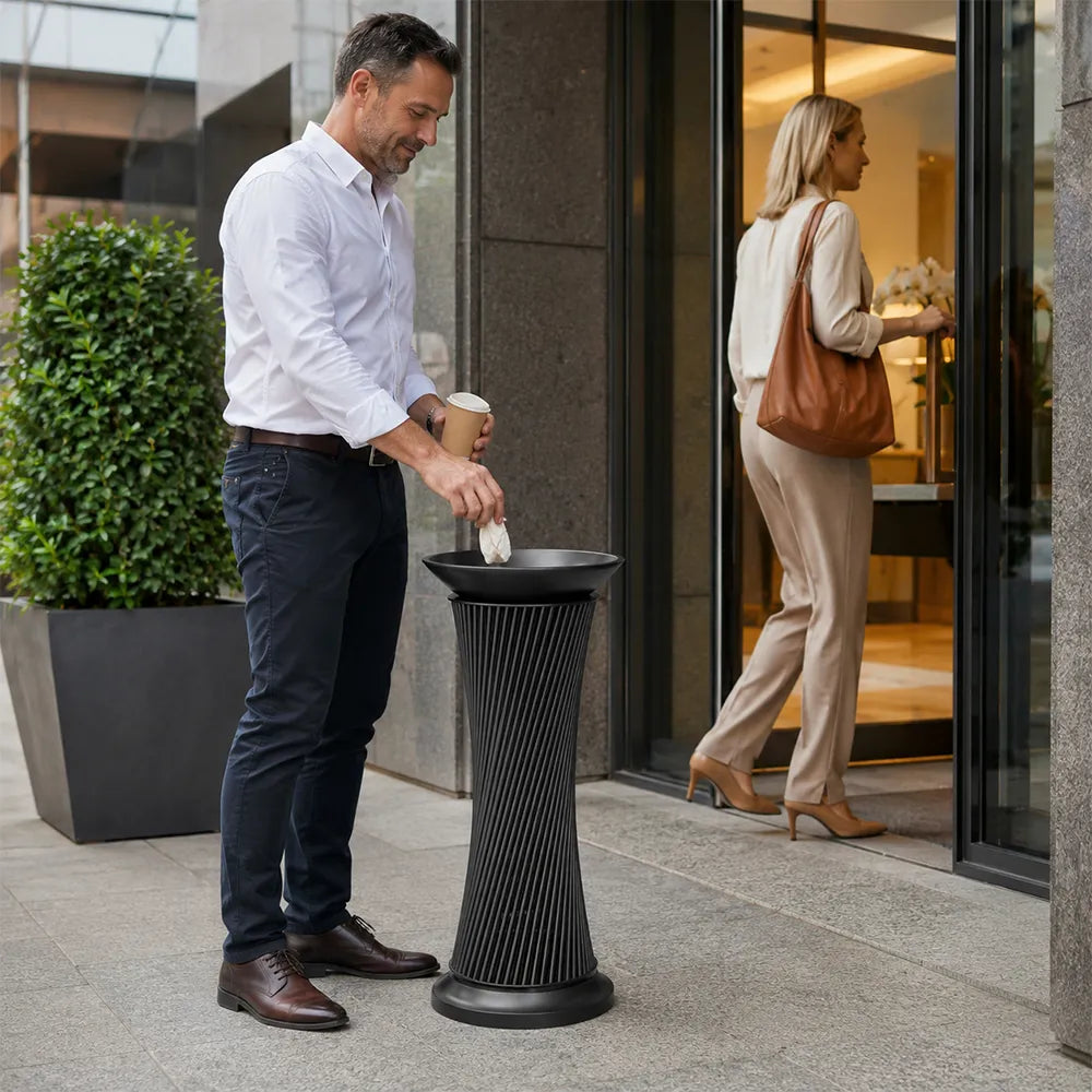 SOLARA Artistic Stainless Steel Waste Bin Mirror Polished Double Bin Removable Ashtray for Hotel Lobby Office & Commercial Spaces - Black