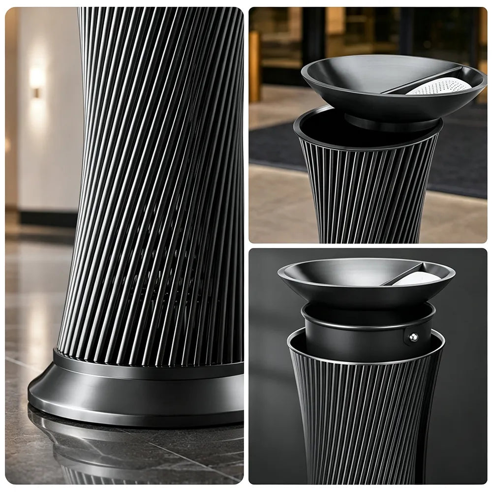 SOLARA Artistic Stainless Steel Waste Bin Mirror Polished Double Bin Removable Ashtray for Hotel Lobby Office & Commercial Spaces - Black