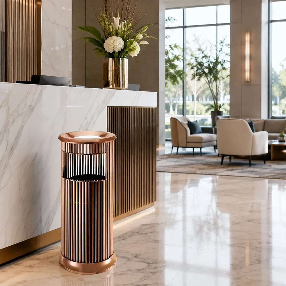 SOLARA Artistic Stainless Steel Waste Bin Slim Waist Design Mirror Polished Double Bin Removable Ashtray for Hotel Office Lobby - Pink