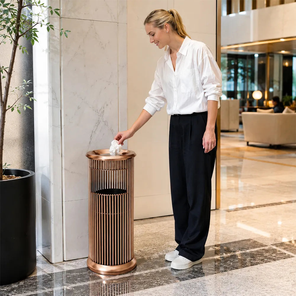 SOLARA Artistic Stainless Steel Waste Bin Slim Waist Design Mirror Polished Double Bin Removable Ashtray for Hotel Office Lobby - Pink