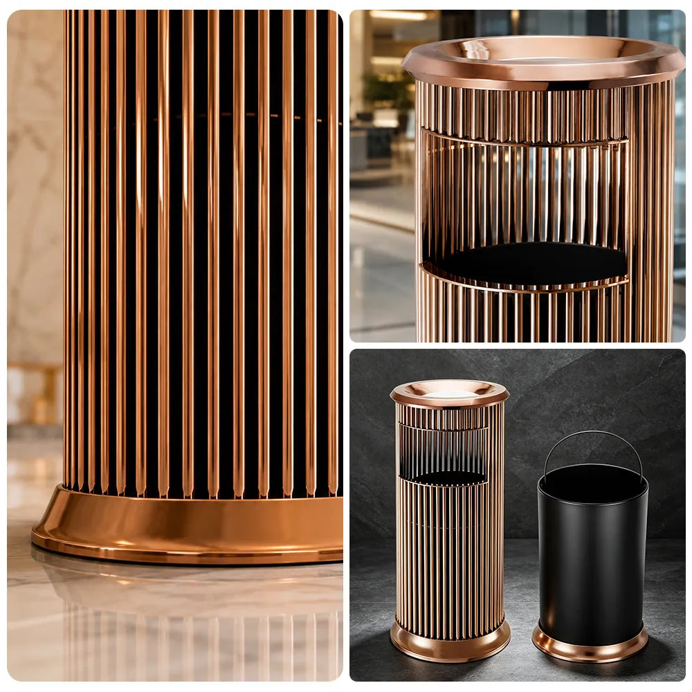 SOLARA Artistic Stainless Steel Waste Bin Slim Waist Design Mirror Polished Double Bin Removable Ashtray for Hotel Office Lobby - Pink