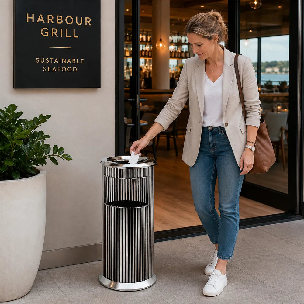 SOLARA Artistic Stainless Steel Waste Bin Slim Waist Design Mirror Polished Double Bin Removable Ashtray for Hotel Office Lobby - White