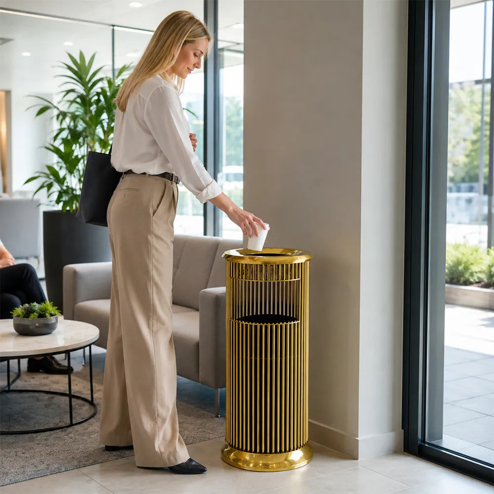 SOLARA Artistic Stainless Steel Waste Bin Slim Waist Design Mirror Polished Double Bin Removable Ashtray for Hotel Office Lobby - Gold