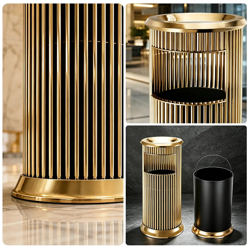 SOLARA Artistic Stainless Steel Waste Bin Slim Waist Design Mirror Polished Double Bin Removable Ashtray for Hotel Office Lobby - Gold