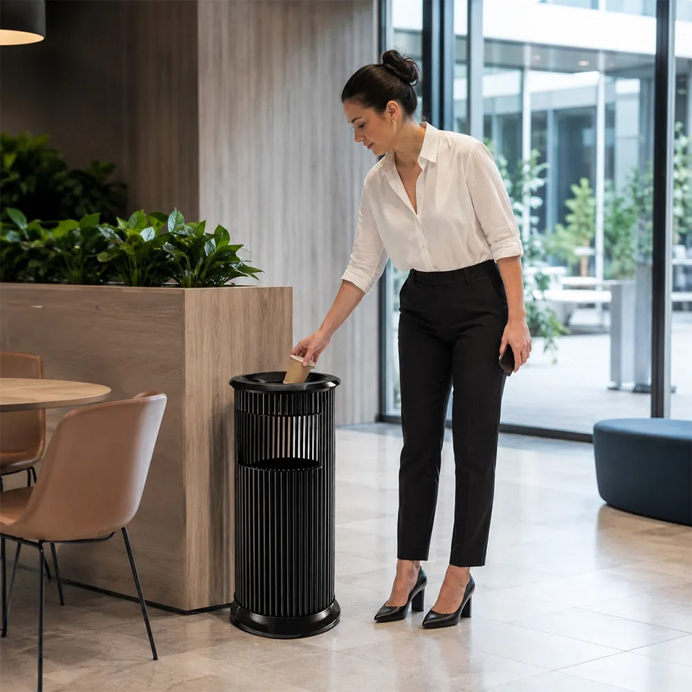 SOLARA Artistic Stainless Steel Waste Bin Slim Waist Design Mirror Polished Double Bin Removable Ashtray for Hotel Office Lobby - Black