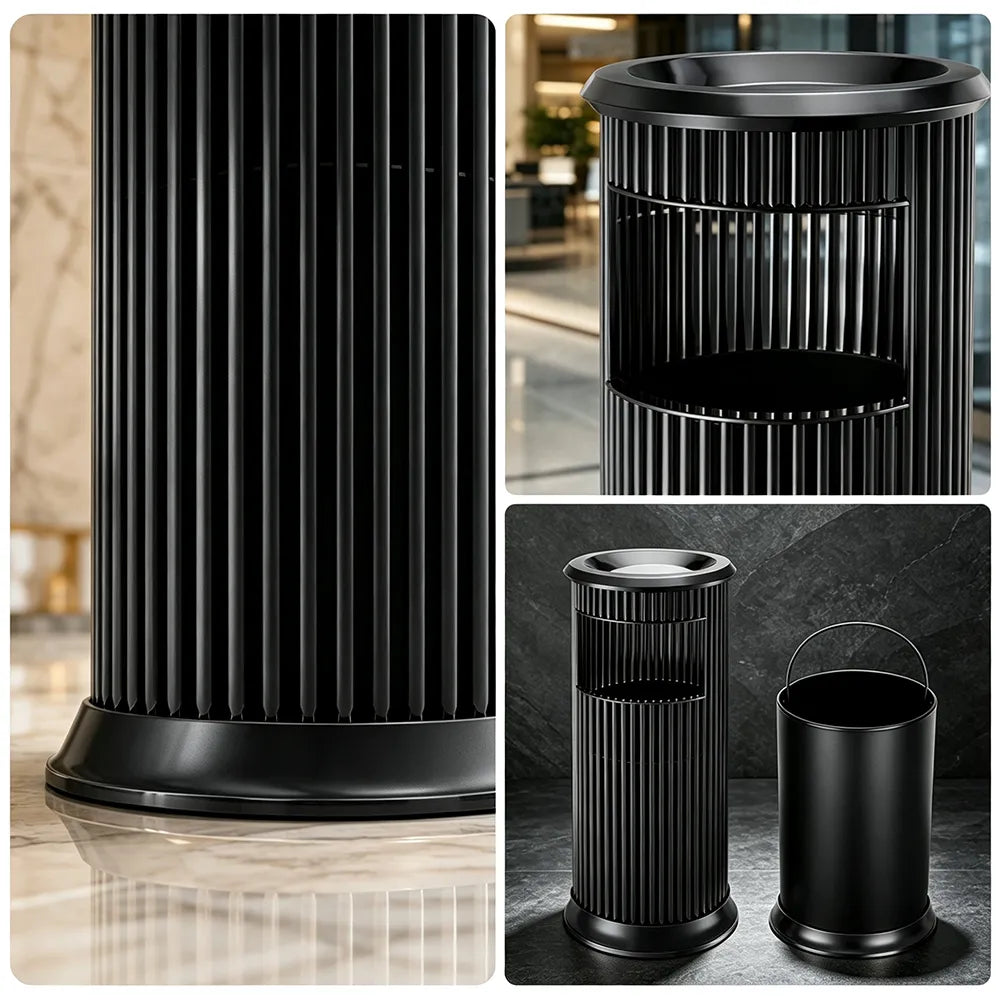 SOLARA Artistic Stainless Steel Waste Bin Slim Waist Design Mirror Polished Double Bin Removable Ashtray for Hotel Office Lobby - Black